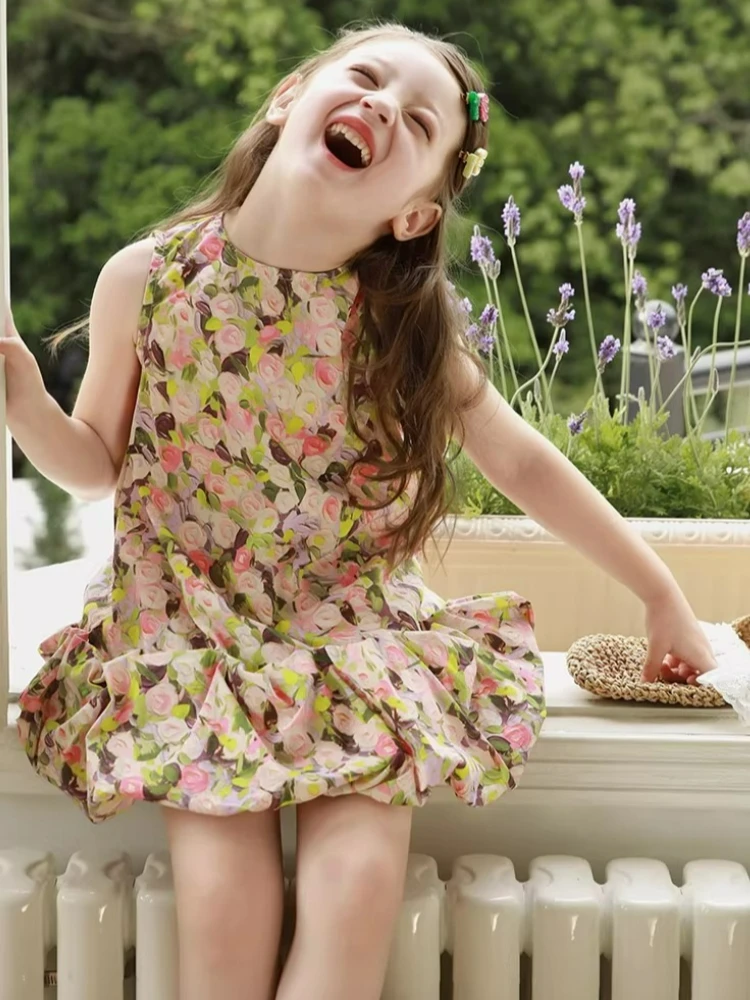 Summer Girls' Dress Sweet Floral Fluffy Dress Temperament Pastoral Style 2026 New Children's Clothing for Summer