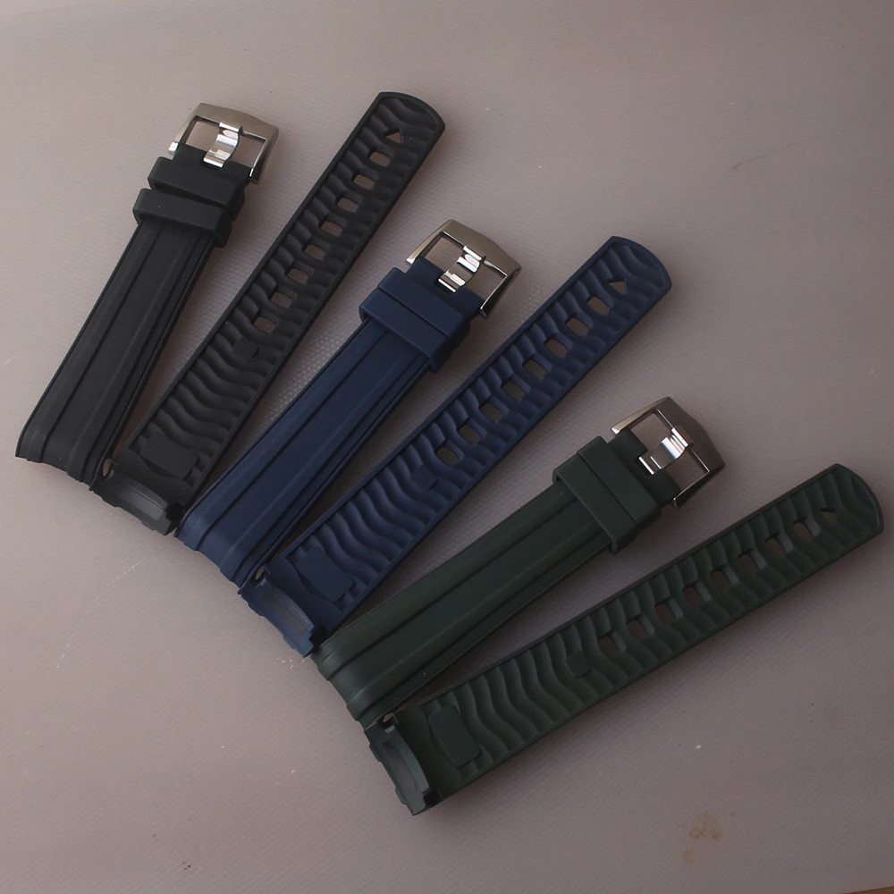 Pulseira de relógio de borracha fluoro 20mm, pulseira esportiva de silicone para ômega rolex, extremidades curvas macias, acessórios de relógios, preto e azul