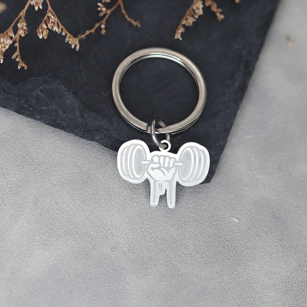 Porte-clés pendentif haltère en acier inoxydable pour hommes et femmes, étiquette de téléphone d'identification, porte-clés nom personnalisé, bijoux simples, cadeau souvenir, levage à la main