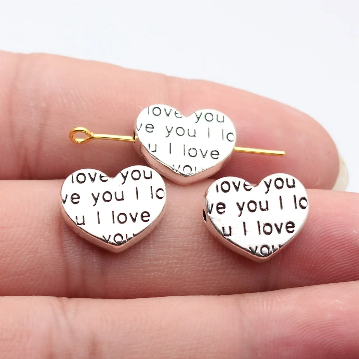 40pcs 15x13mm(0.59x0.51inch) Antique Silver Color Double-Sided I Love You Heart-Shaped Beads Materials Jewelry Making