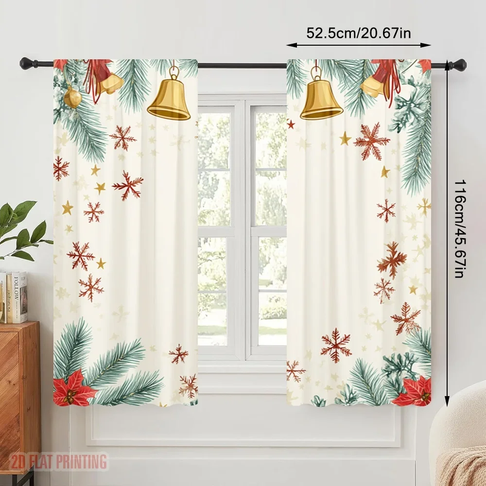 2pcs,2D plane printing Window Curtain Christmas Bells Stars Holly Versatile Polyester (without rod) Decorations For Home Use for