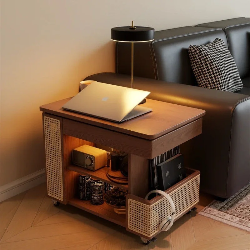 Solid wood movable side table bus lift coffee table household living room sofa side cabinet