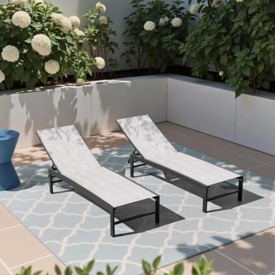 Outdoor pool lounge chair set of 2, all-weather resin wicker, grey black, adjustable five-position tanning recliner for patio b