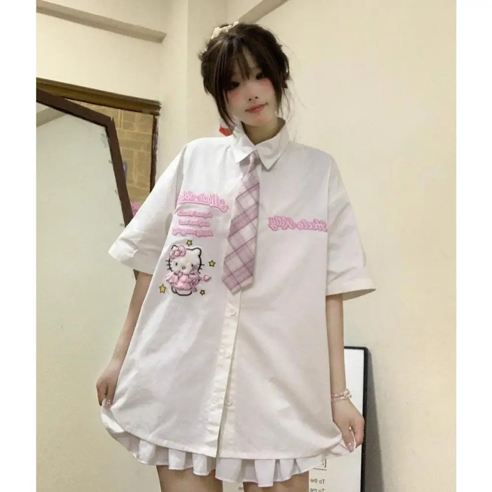 

Cartoon Sanrio Hello Kitty Embroidered Shirt Tops Cinnamoroll Anime Sweet Summer Cardigan Cute Loose Plaid Polo Short Sleeves
