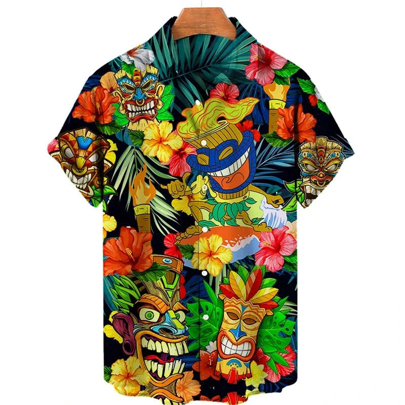 Tiki Moai Shirt Men\'s Clothes 3D Print Hawaiian Shirts Vintage Civilization Horror Skull Graphic Blouses Casual Y2k Aloha shirts