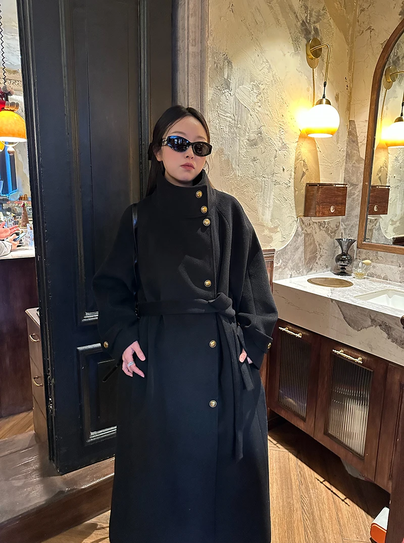 

Длинное шерстяное пальто Ele Bla в стиле Хепберн с воротником-стойкой, утепленное, зимняя верхняя одежда для молодых женщин, товар для электронной коммерции