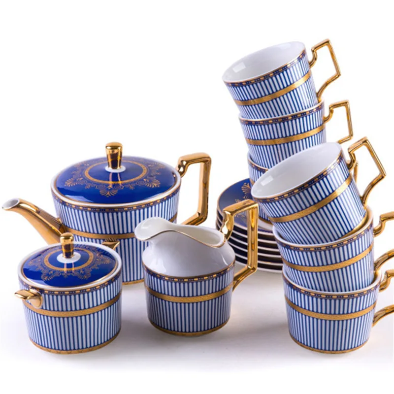 

Европейский синий набор кофейных чашек, простой английский сервиз для послеобеденного чая, изысканный домашний золотой чайный сервиз