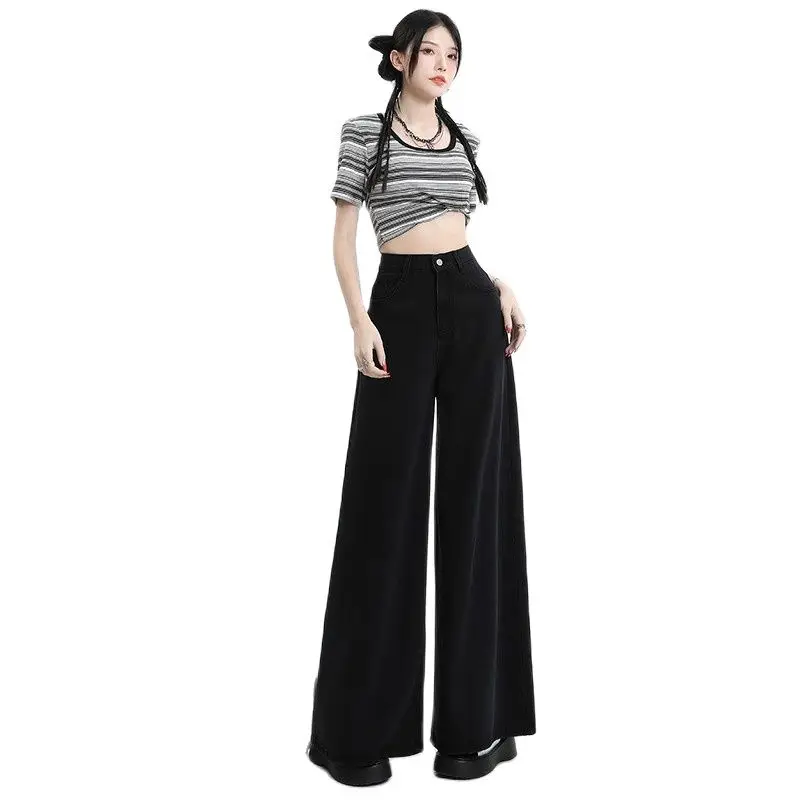 GUUZYUVIZ Loose Jeans For Women Summer Casual Ice Silk Wide Leg Jeans Y2k Korean Fashion Black Thin Trousers