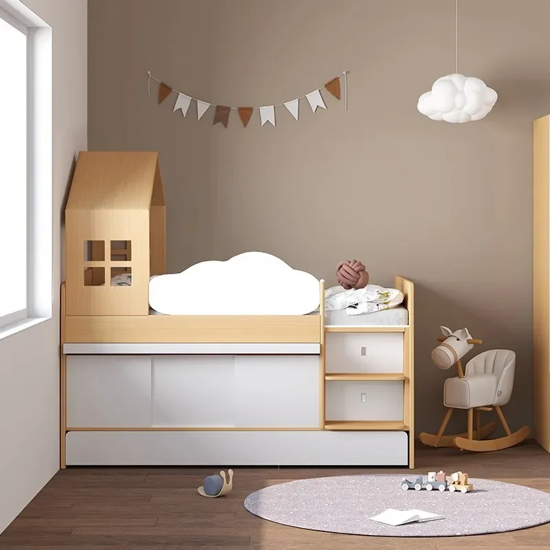 Multifunctional Half Height Bed for Small Apartment Space Saving Childrens Bed with Under Bed Storage Cabinet and Desk