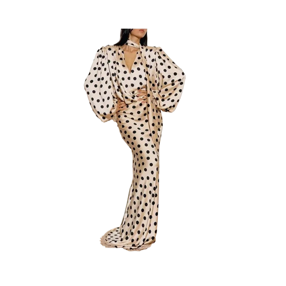 Mode Temperament Hoge Taille Maxi Jurken Polka Dot Gedrukt Satijn Banketjurk Vrouwen Elegante V-hals Lange Mouwen Lente Jurk - afbeelding 2