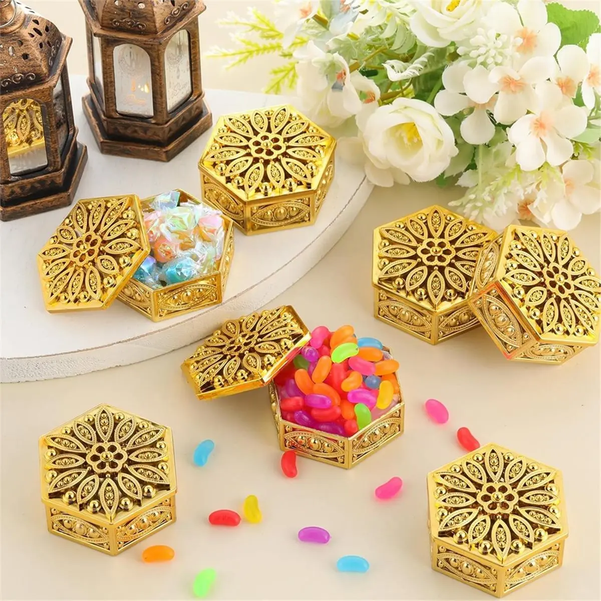 36 peças presentes de retorno indiano para pooja em massa oco hexagonal caixas de doces decorativas recipientes de doces