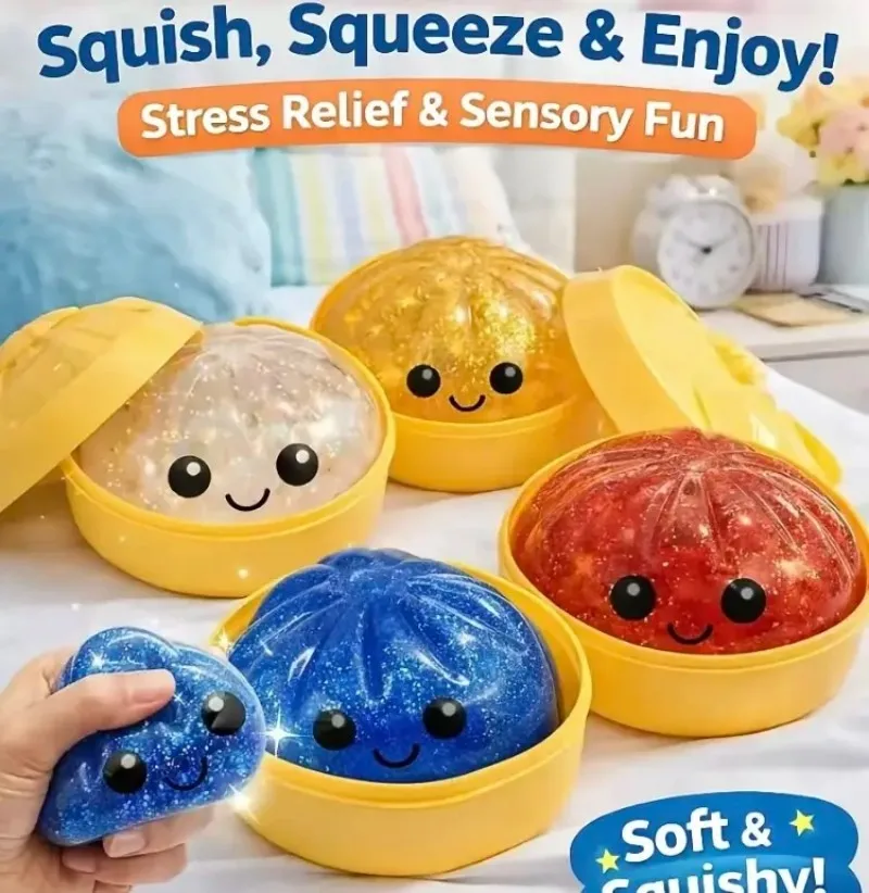 Portable, flashing, stress-relieving squishy toys in various colors; transparent, dumpling-shaped, soft and cute squishy toys with a steamer; soft and soothing tabletop toys suitable for teenagers, adults, and children; perfect as a party gift.