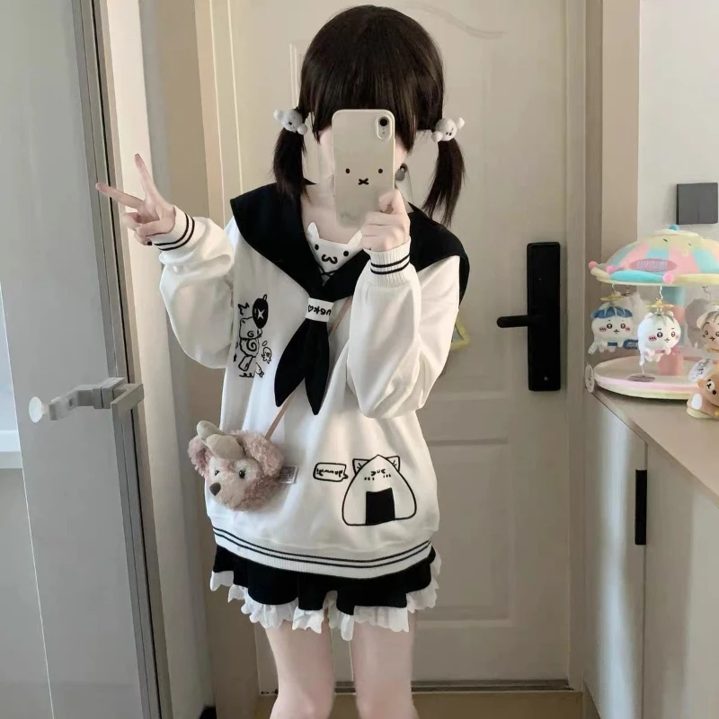 Deeptown Kawaii Japanischer Stil Pullover Damen Harajuku Süßes Cartoon Sweatshirt Cutecore Lolita Oversize Matrosenkragen Pullover