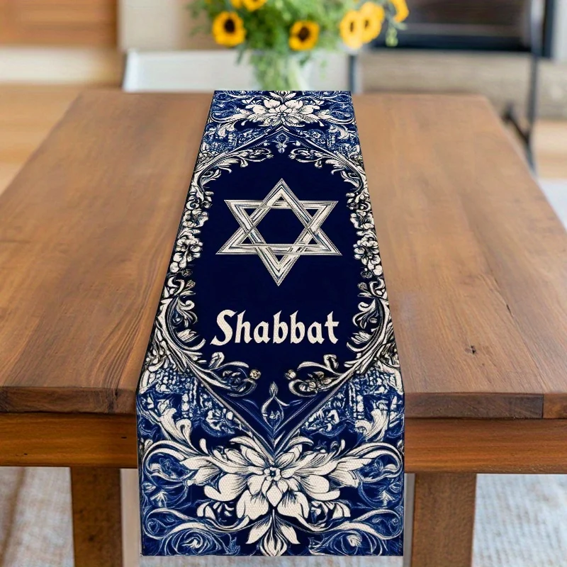Corredor de mesa Shabbat |   Estrela de David e Padrão Floral |   Decoração de jantar de sabbath judaico branco azul marinho
