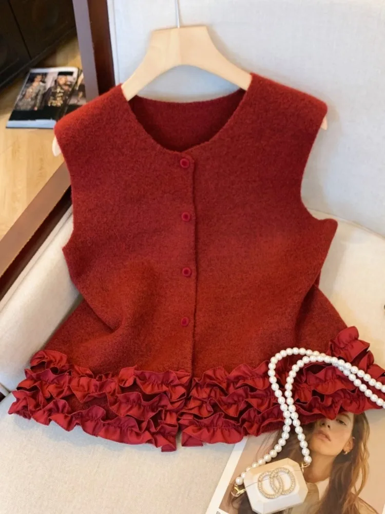 

Красный вязаный жилет женский, осенне-зимний дизайн, для новогодних торжеств, нижняя одежда, милый, из полиэфирного волокна