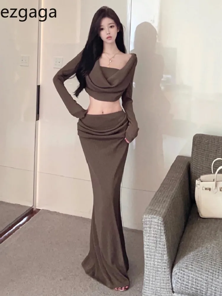 Ezgaga Sexy Two Piece Sets Women Pile Collar Long Sleeve Crops Tops Slim Sexy T Shirts Long Skirts Elegant Party Suits Female