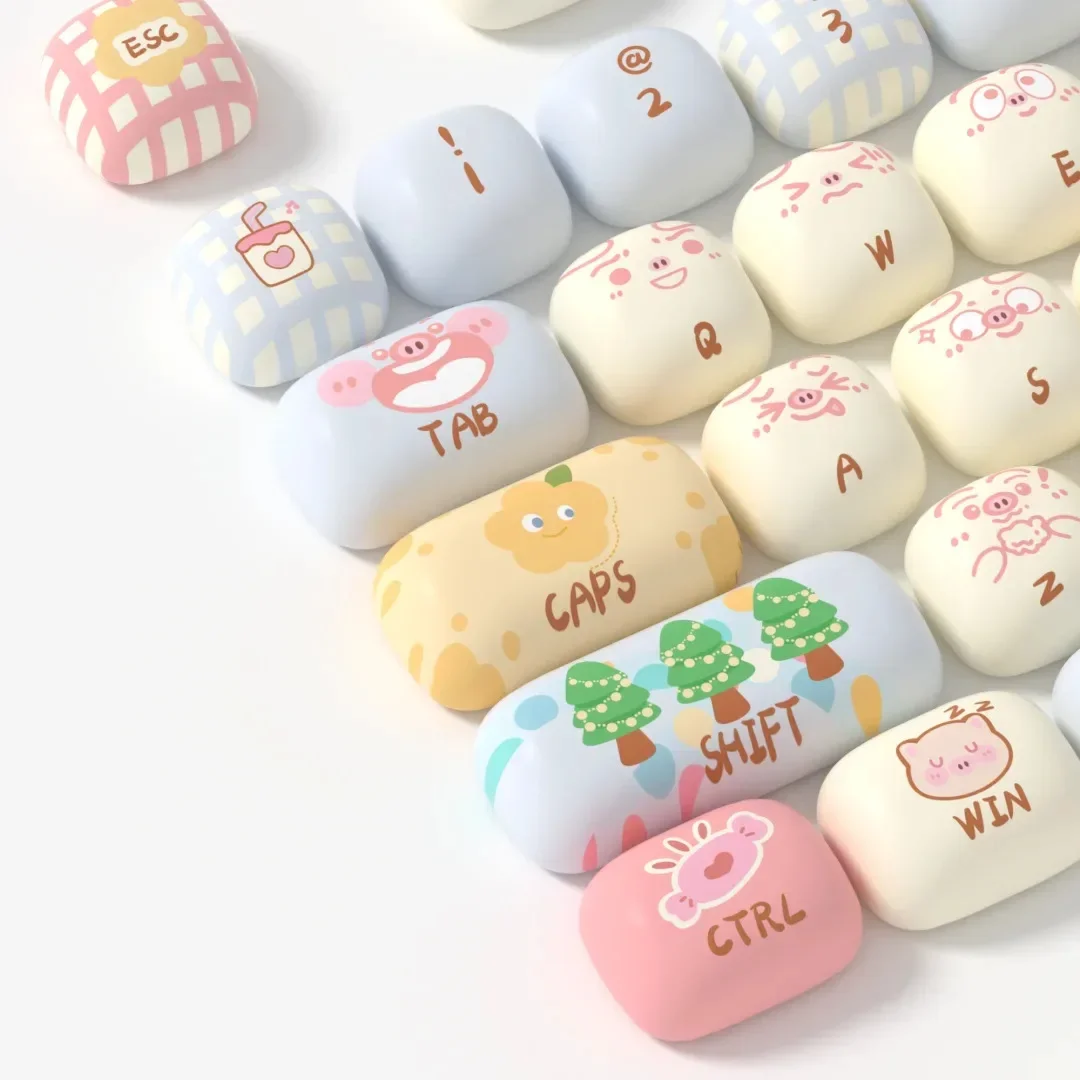 Cute Round Pig Party Keycap 2024 New MOG Height PBT Material Mushroom shaped 139keys Alice Layout Keycap 6.25/7U space key