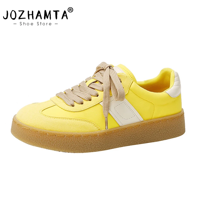 JOZHAMTA Women Breath Sneakers Casual Flats Shoes Real Leather Thick Heels Tennis Shoes Lace-Up Classic Daily Dress Size 34-40