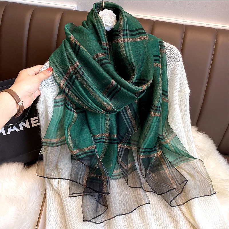 2023 Real Silk Scarf Women Designer Brand Foulard Hijab Scarves Lady Pashmina Green stripe Bandana Neck Shawls Wraps