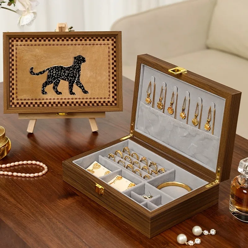 

Wood Grain Jewelry Box Luxury Retro Ring Storage Boxes Collection Earrings Necklaces Display Case Jewellery Organizer Showcase