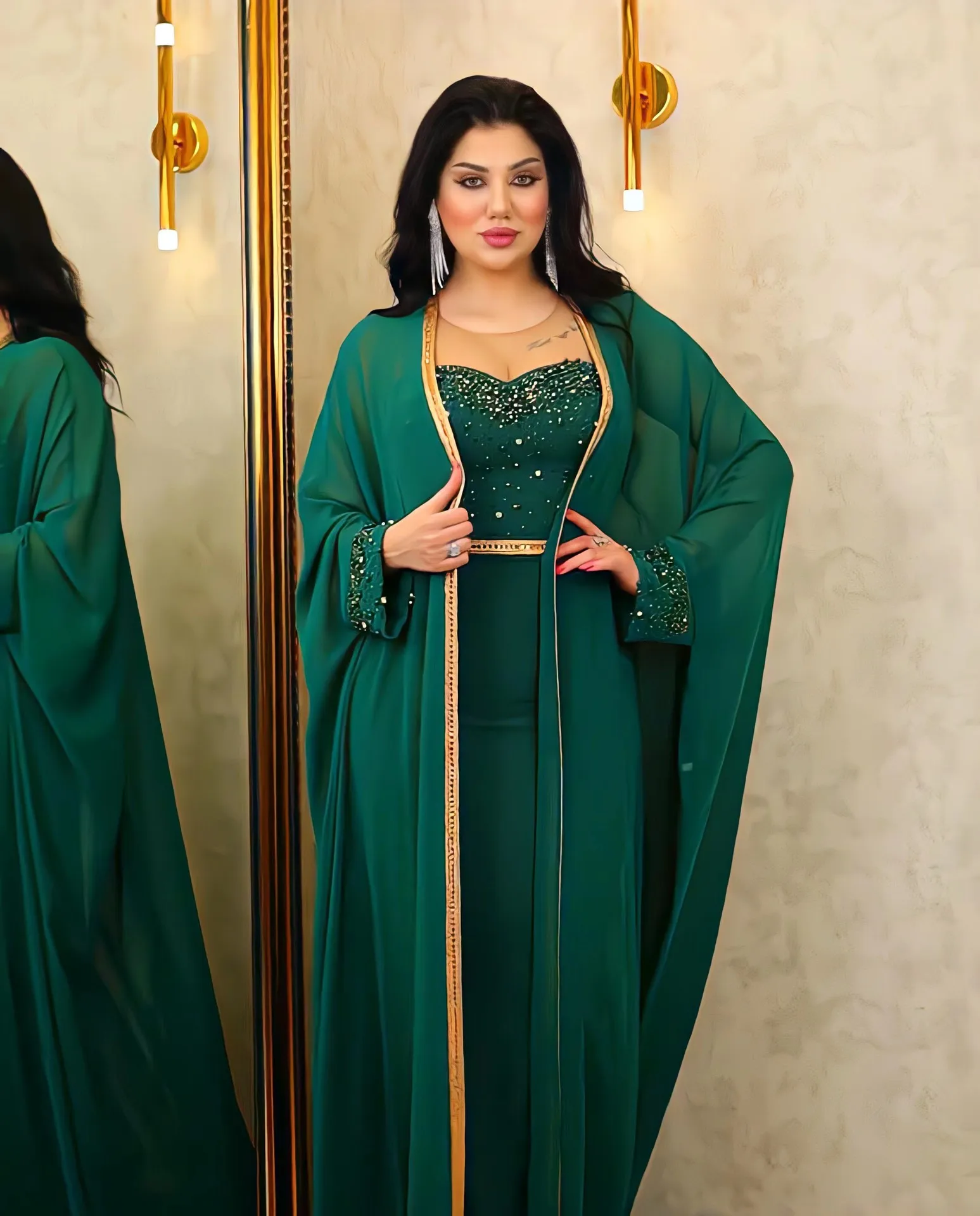 Árabe Abaya Dubai Muçulmano Kaftan Maxi Vestido para Mulheres, Luxo Caftan Marocain Vestidos Longos de Festa Noturna, 2 Pcs Conjuntos, 2024