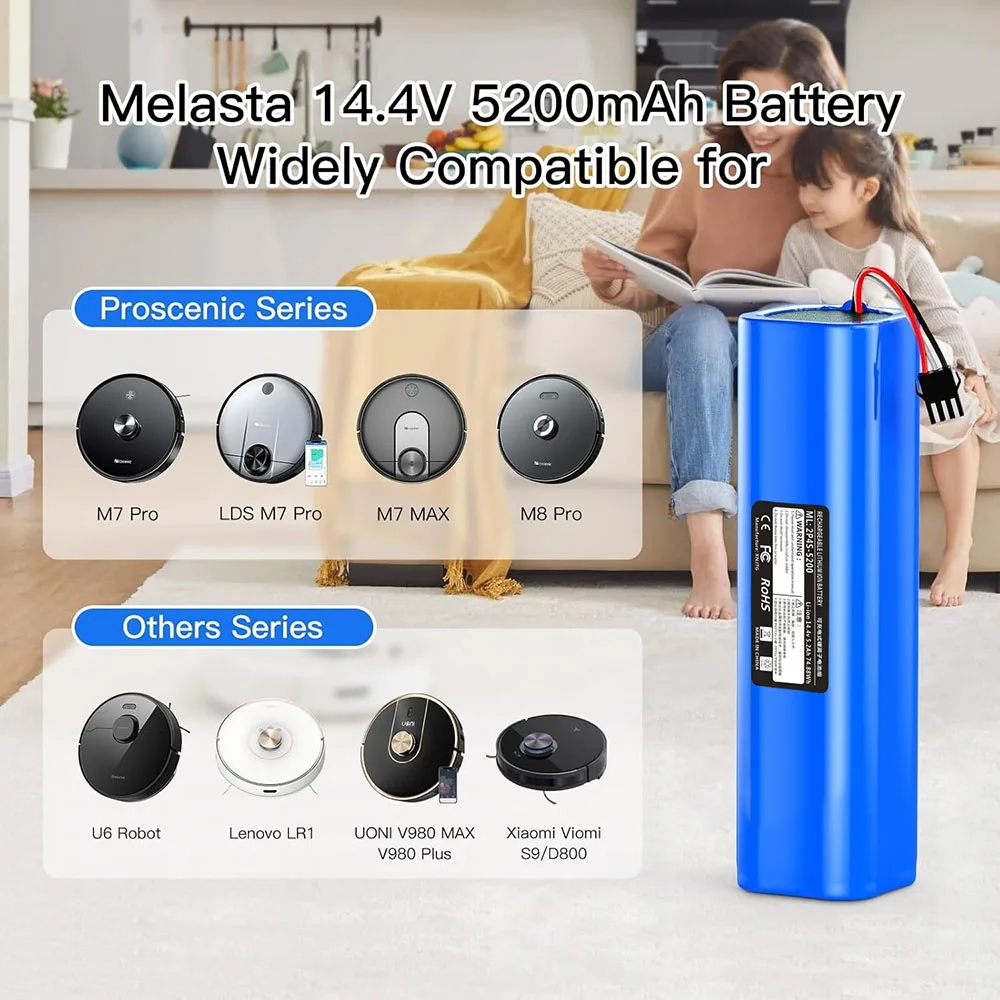 5200/6500mAh 14.4V Battery for Proscenic M7 Pro M8 Pro M7 Max LDS M7, NR18650 M26-4S2P Replacement for Viomi S9 Roidmi Eve Plus
