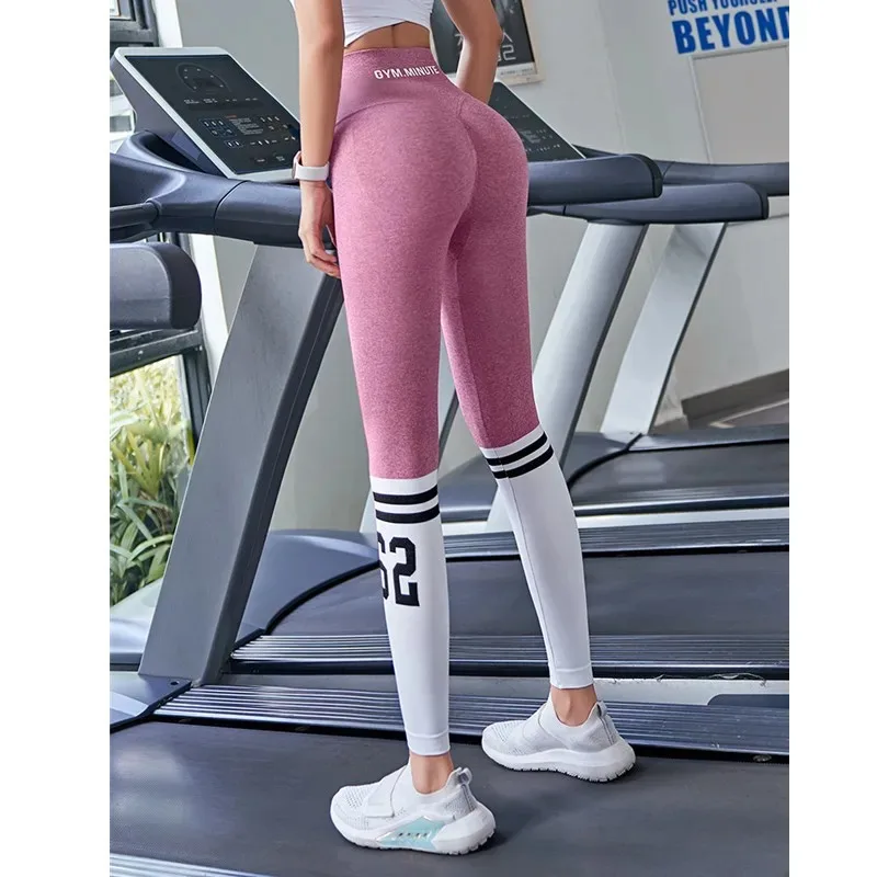 Ladies Yoga Pants Striped Letters Seamless Legs Tie Peach Hip Yoga Pants Sports High Waist Full Length Fitness Leggings Fitness