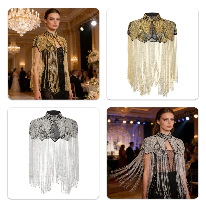 Elegant Long Fringe Shawl Capelet With Hand Beaded Geometric Pattern Perfect For Evening Parties And Formal Event
