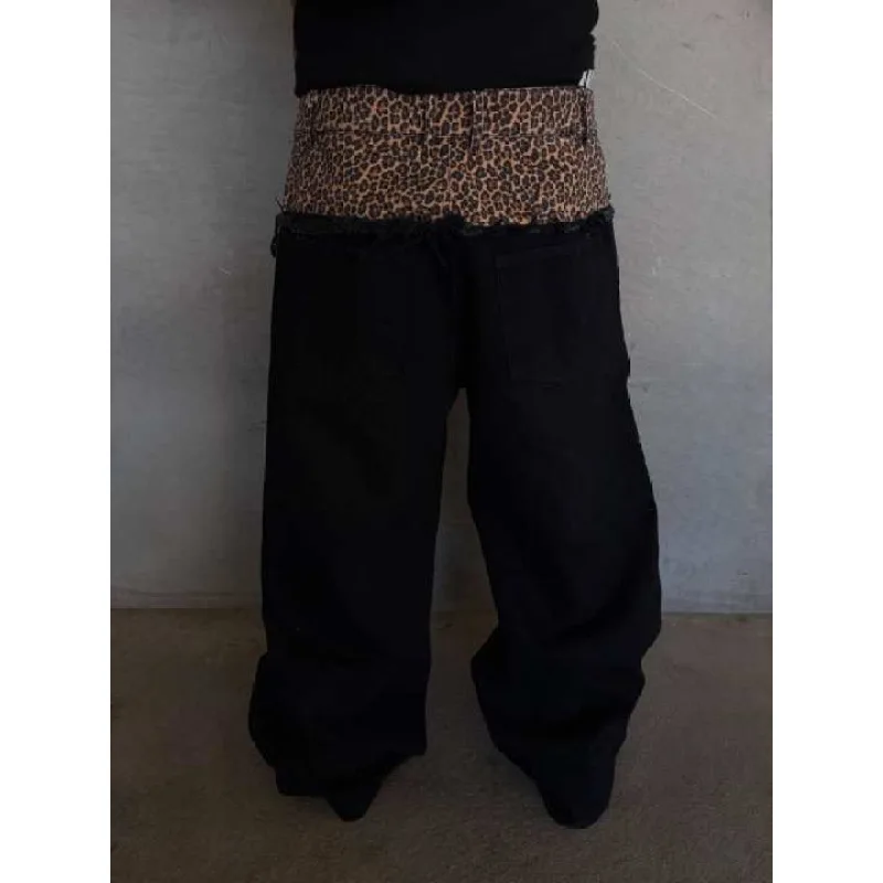 Patchwork com estampa de leopardo retrô americano, com duas peças, jeans para homens, calças casuais soltas