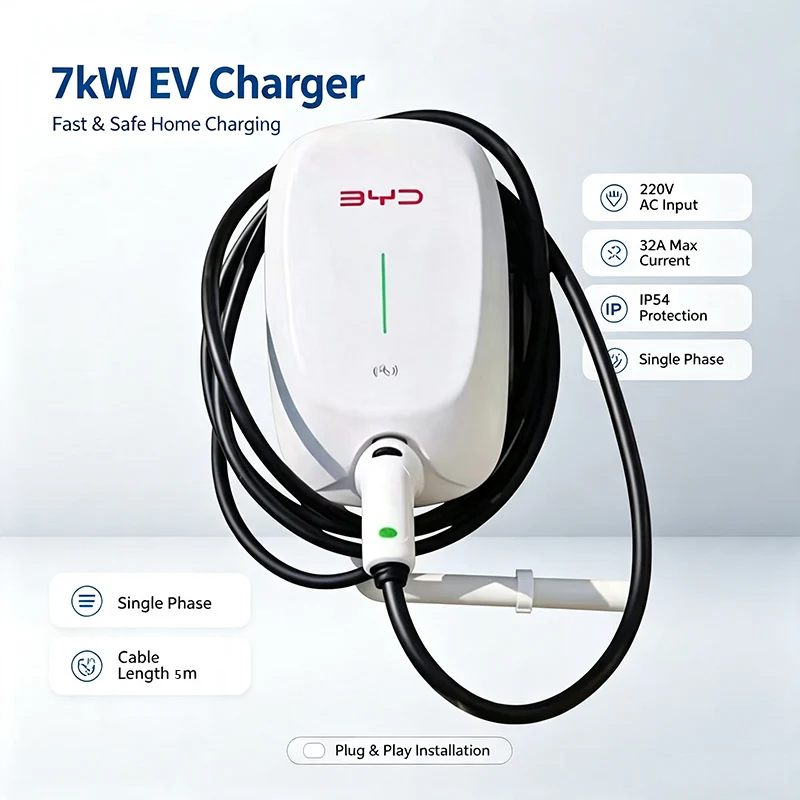 7kW 32A EV Wallbox Charging Station, GB/T 20234 Standard 220V/230V Single‑Phase EV Charger with 5M Cable RFID Card IP54 for BYD