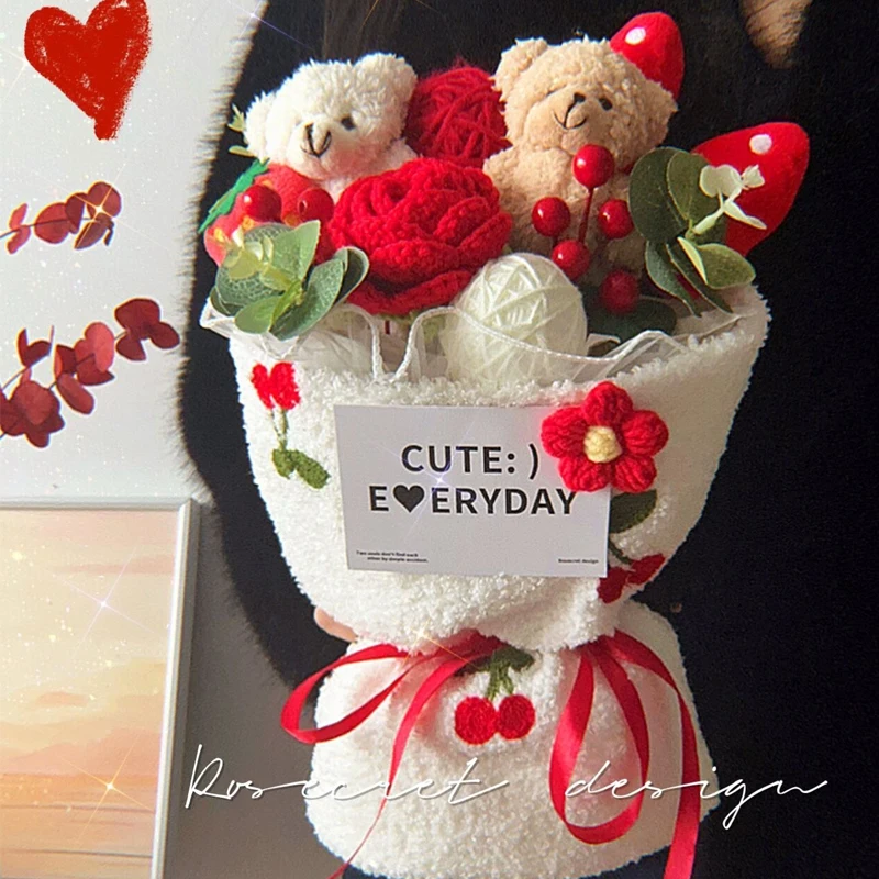 Bear Teddy Doll Plush Bouquet Knitted Rose Eternal Flowers Finished Creative Artificial Flower Gift Valentine's Day Home Decor