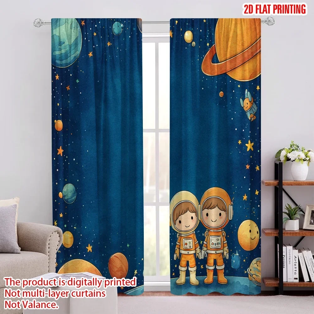 2pcs Kids Space Planets Astronaut Curtains Blue Galaxy Nursery Room Window Drapes Cartoon Decoration Set
