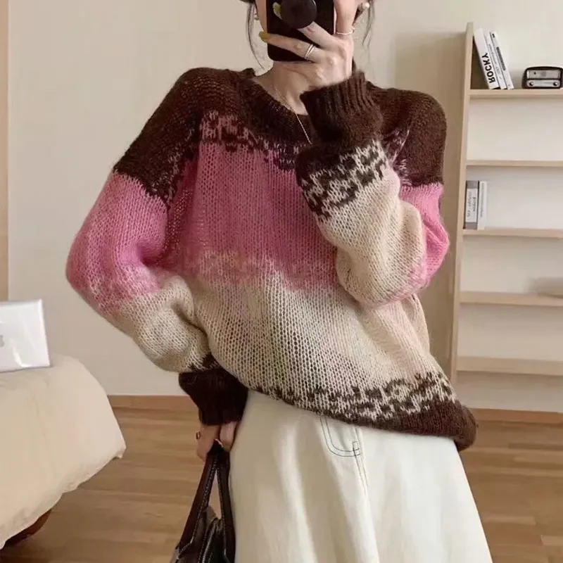 

Autumn Winter Contrasting Color Jumpers Korean Striped Spliced Commute Female Clothing Casual Loose O-Neck Knitted Sweaters N757