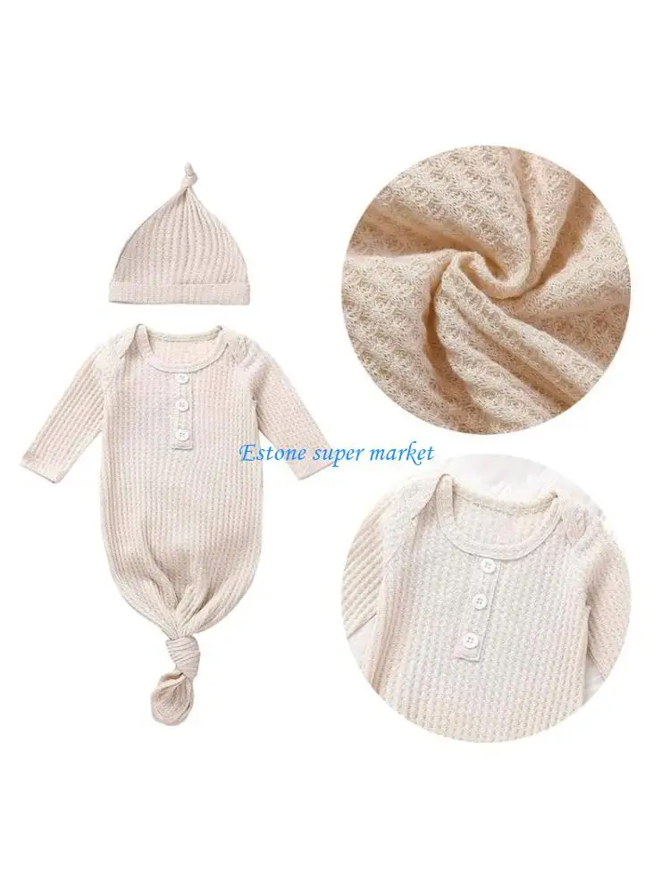 

090B Unisex Newborns Knotted Gown Soft & Breathable Sleepwear with Hat Set for Baby Boys and Girls Winter Daily Pajamas