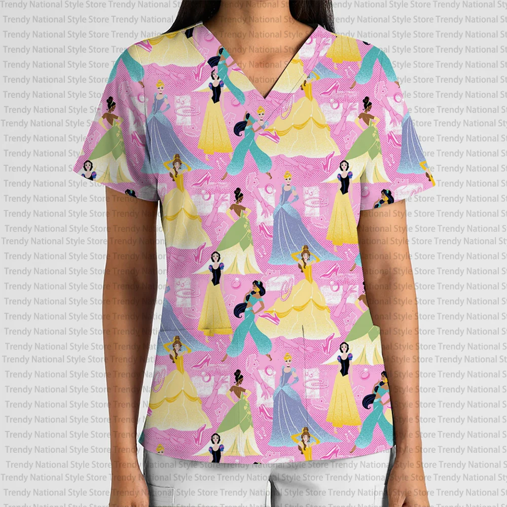 New Disney Cartoon Work Print V-Neck Pocket Short Sleeve Sand Top Dental Pet Shop Beauty Salon Nurse Medical Clothing T-shirt