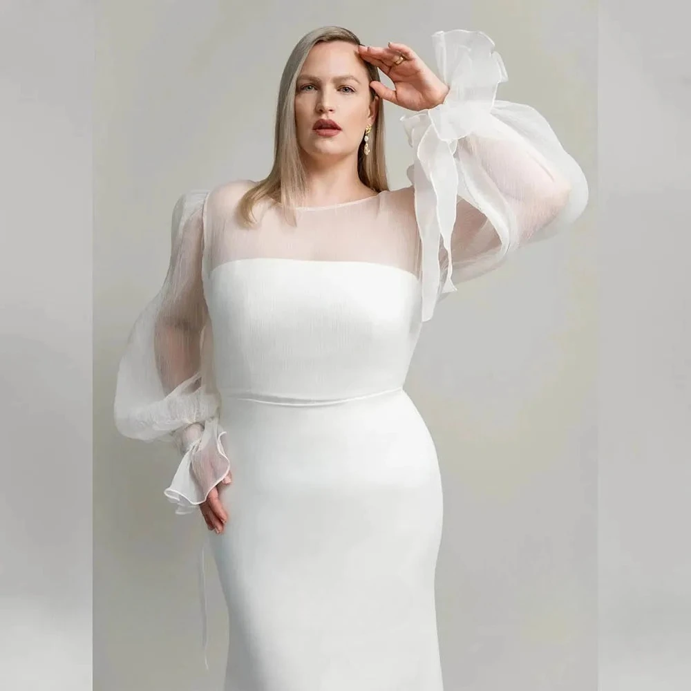 Customized Elegant Plus Size Mermaid Wedding Dress Square Illusion Neck Sheer Puff Long Sleeve Open Back Silky Satin Bridal Gown
