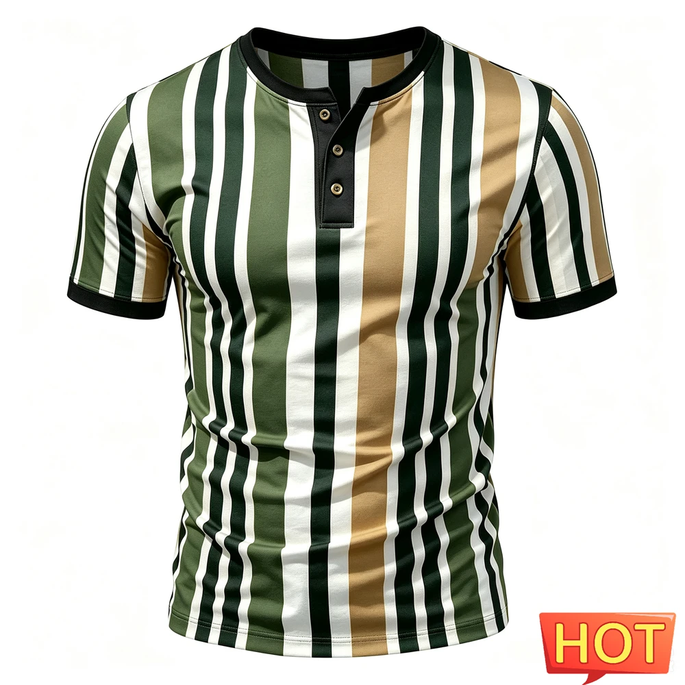 Funny Stripe Print Men's Henry Shirt Summer Casual Simple Button Tops Fashion Henry Collar Short Sleeve Tee Hip Hop Men Clothing view 3