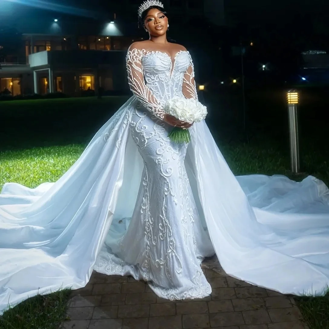 Lace African Wedding Dresses Black Girls Mermaid Long Sleeves Detachable Aso Ebi Women Bridal Gown Vestido De Novia Customized
