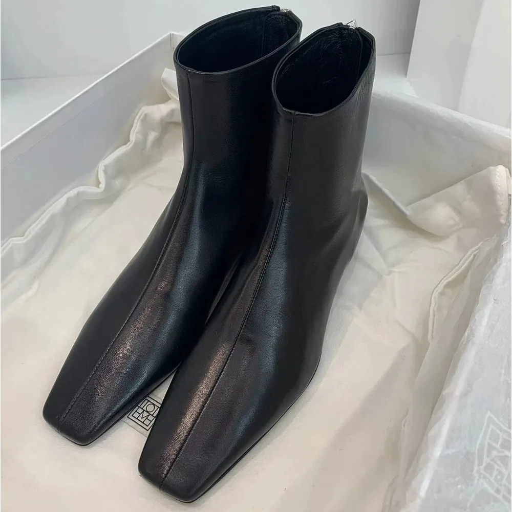 Skórzane buty damskie jesień zima czarne botki nowy aksamitny zamek błyskawiczny z tyłu kwadratowa główka obcisłe buty damskie krótkie buty na niskim obcasie