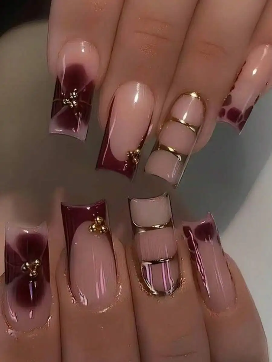 

24Pcs Acrylic Rectangular Press-On Nails Featuring Burgundy Ombre, Gold Stripes, And Rhinestone Embellishments With Gel & File