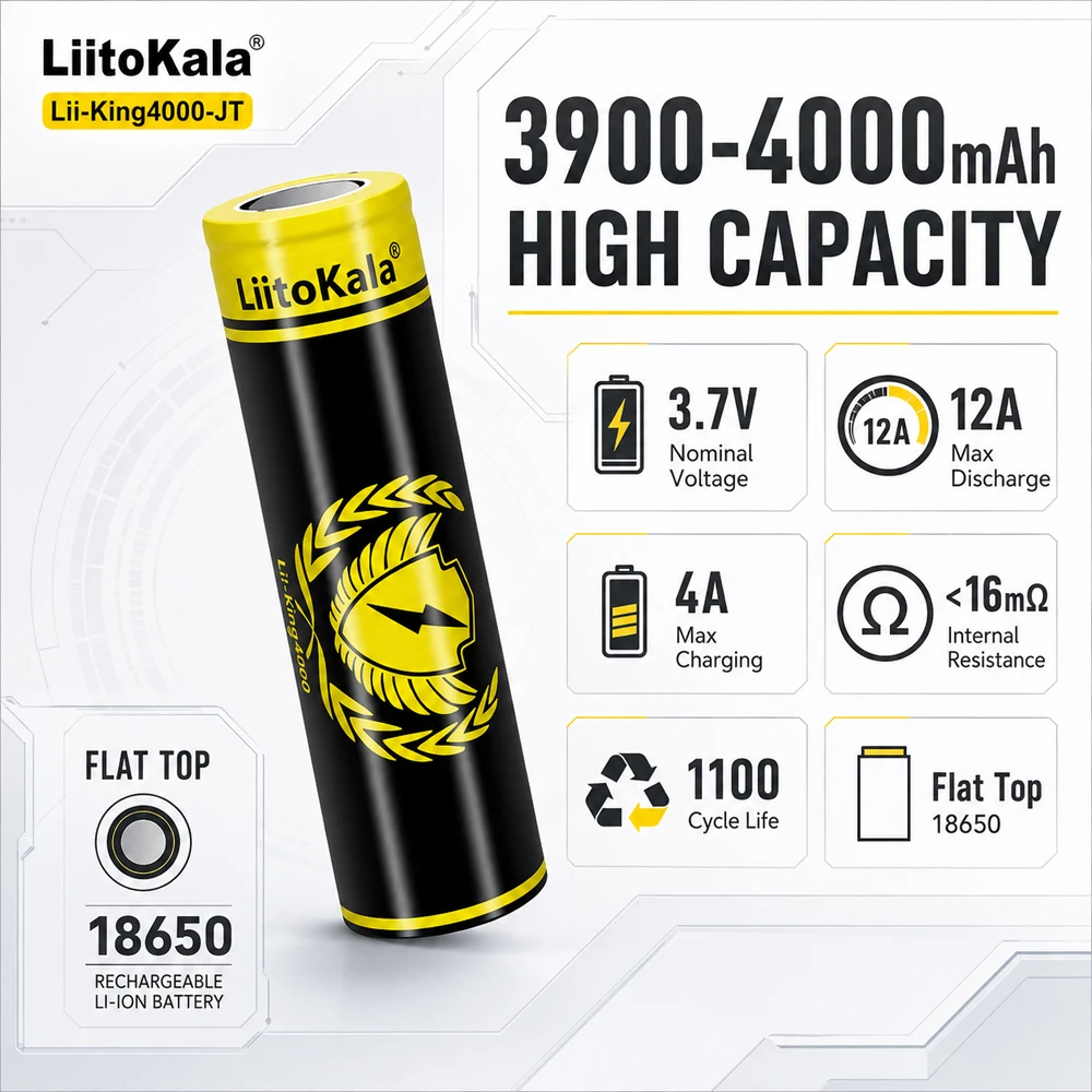 LiitoKala Lii-King 18650 – akumulator 4000 mAh, 3,7 V, wielokrotnego ładowania, o wysokiej mocy rozładowania (12 A), idealny do zasilania zabawek, takich jak pistolety, oraz urządzeń do magazynowania energii. — zdjęcie produktu 3