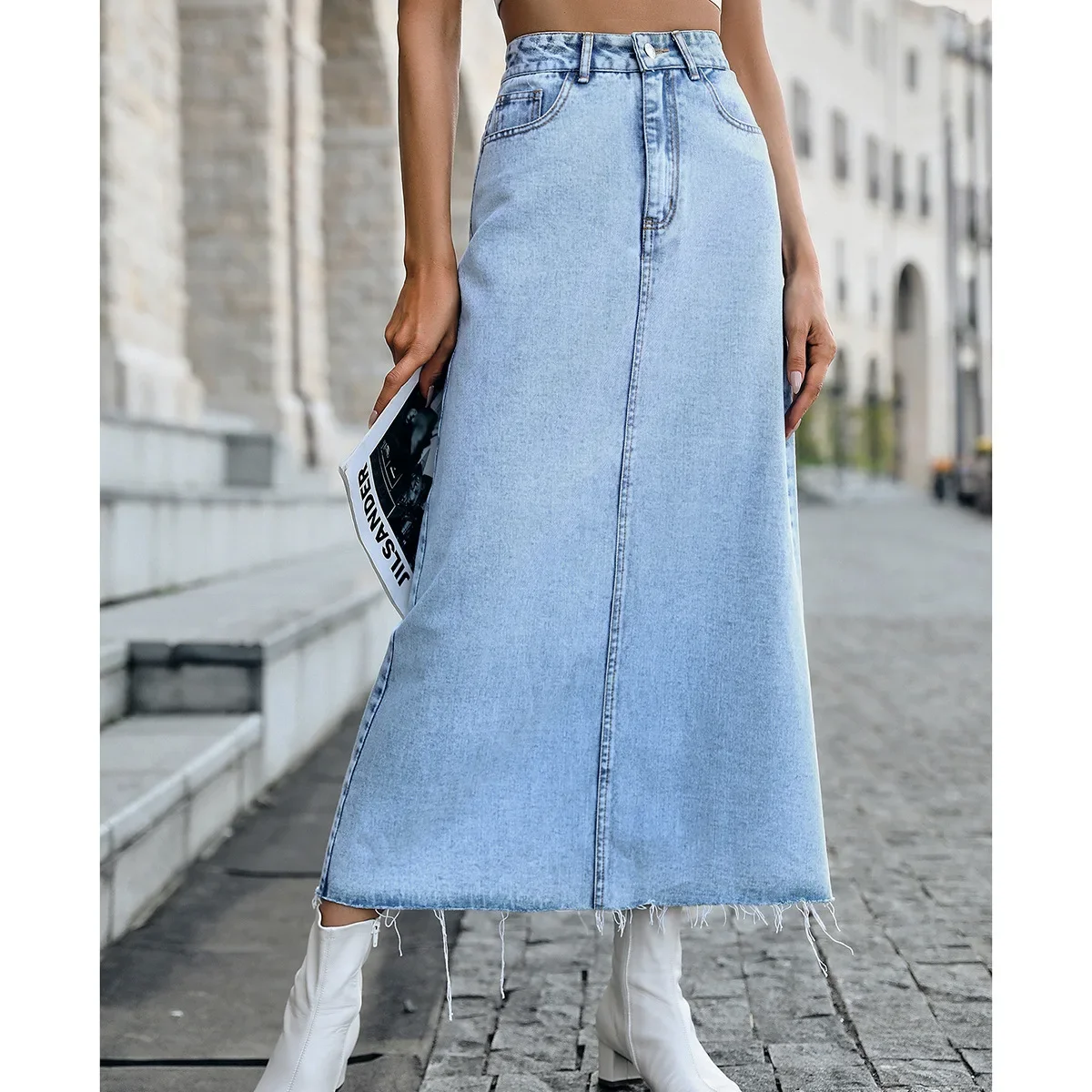 

Long Skirts Women A Line Denim Skirt Sexy High Waist Slim Fit Spliced Regular Office Ladies Elegant 2023 Solid Simple Casual