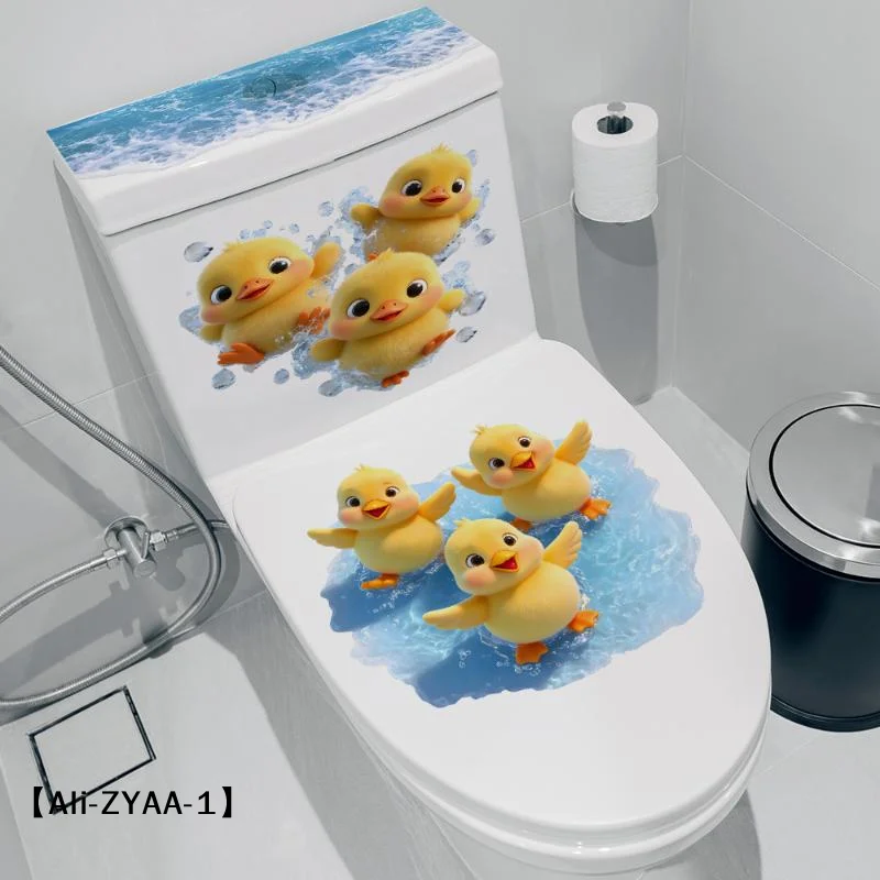 【A】Cartoon Playing Water Duck Toilet Sticker Self-Adhesive Beautify Home Bathroom Decoration