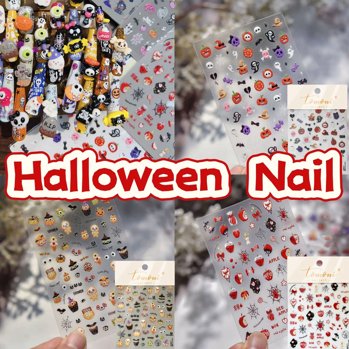 

Halloween Nail Stickers Embossed Spider Cute Dark Funny Style Food Press On Nails DIY Self Adhesive Manicure Decals Nail Art