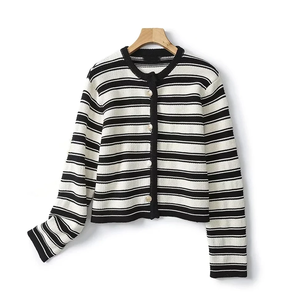 Cos Lris 2024 Autumn New Style Simple Black and White Striped Knitted Short Coat for Women 05660513800