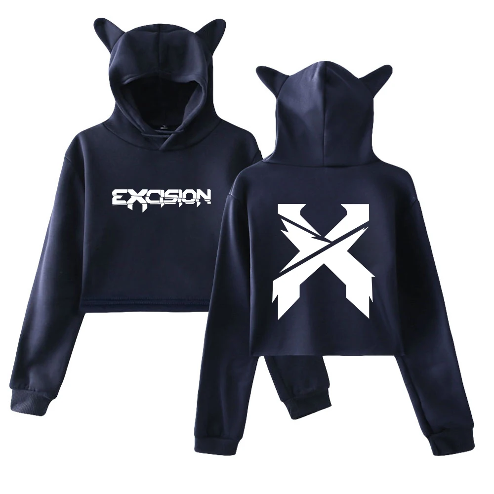 Excision Merch Cover Pullover 2024 Nexus Tour Female Cat Ears Hoodie Long Sleeve Streetwear Crop Top Women's Clothes