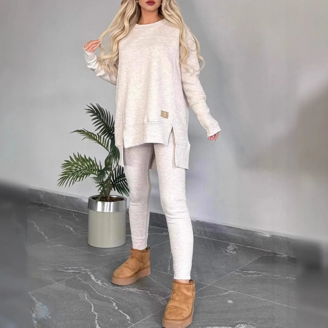 

2025 New Fashionable Round Neck Sweater + Wide Leg Pants Two-piece Sets Women Autumn Casual Loose Tops And Pants Suits For Women