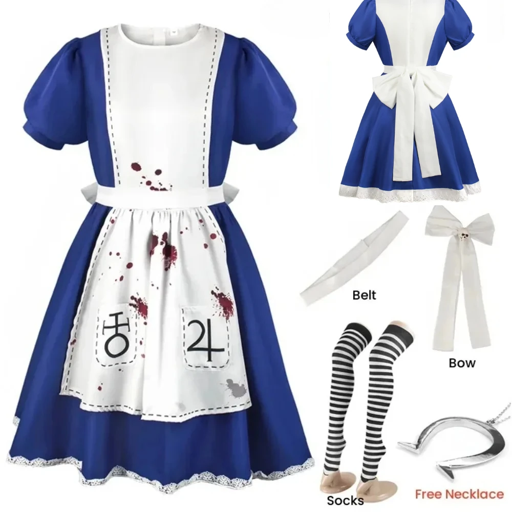 

Women's Anime Alice Cosplay Costume with Necklace Alice Dress Maid Apron for Halloween Game Madness Returns Theme Girls' Outfit