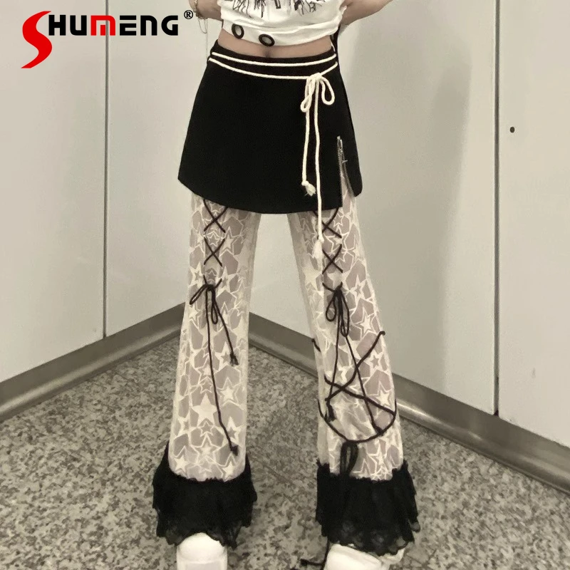 

Japanese Style Original Y2K Design Sense Kawaii Personality Trousers Hot Girl Loose Subculture Outer Wear Summer Mesh Lace Pants