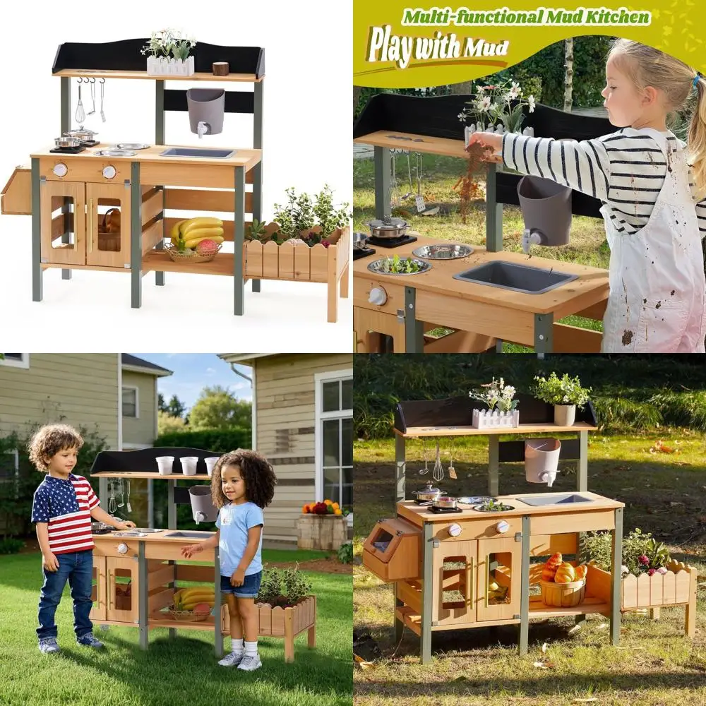 

Children's Wooden Play Kitchen with Realistic Sink, Faucet, and Planter Box, Ages 3+